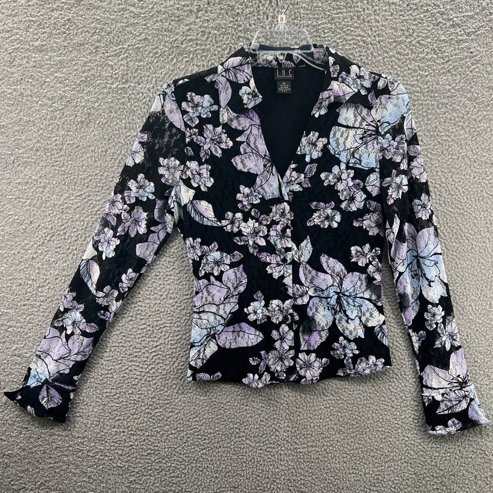 Whimsigoth Womens Button Front Top XL Black Pastel Floral Lace Dark Romantic